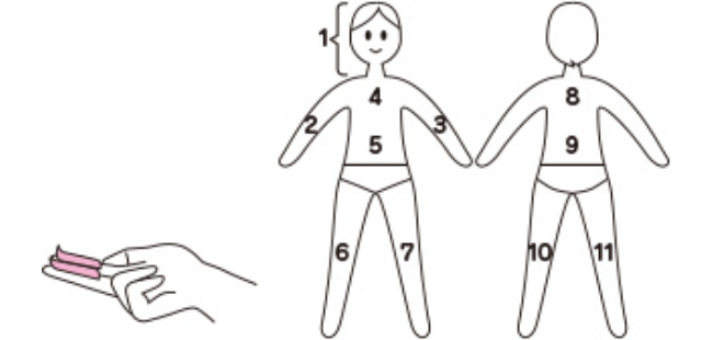 顔から首にかけて(イラスト1) …… 指1本分 片方の腕、片方の脚、背中など(イラストの2~11) …… それぞれ指2本分