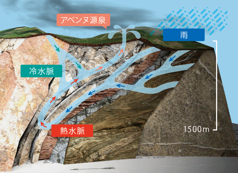 地下での長い旅を終えた水は、いよいよアベンヌ温泉水となり地表に湧き出ます。